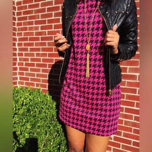 H&M Hot Pink/Black Houndstooth Shift Women Dress Sz S Stretchy Knit Blend Barbie